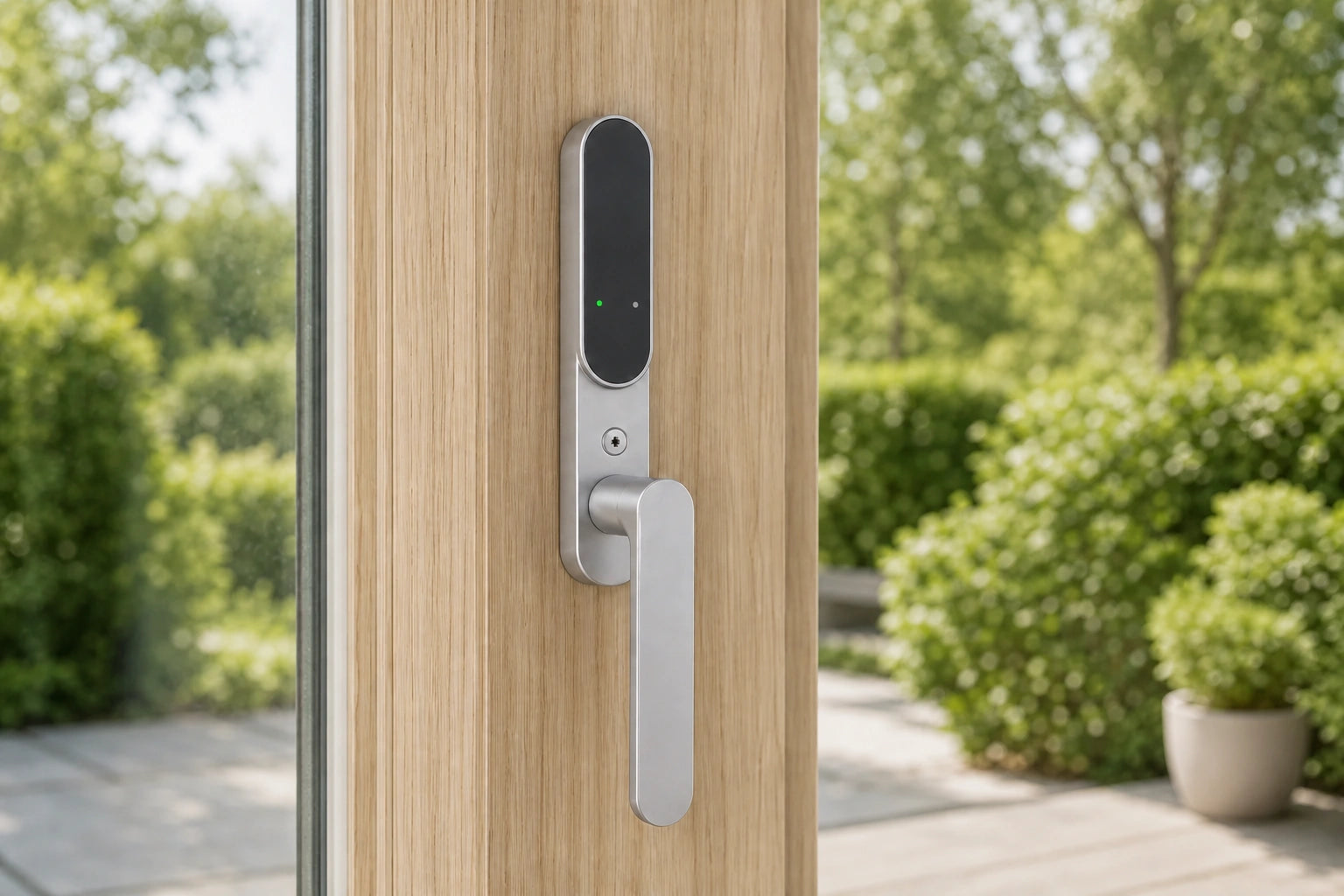 Nærbillede af SecuYou Smart Lock monteret på en terrassedør i lyst egetræ.