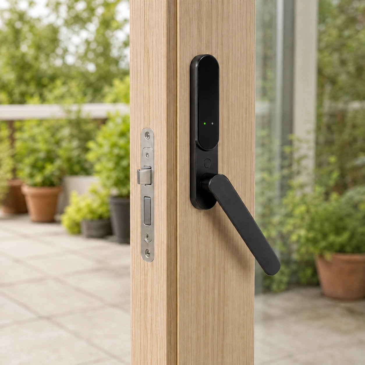 SecuYou Smart Lock monteret på indersiden af en terrassedør i lyst egetræ.