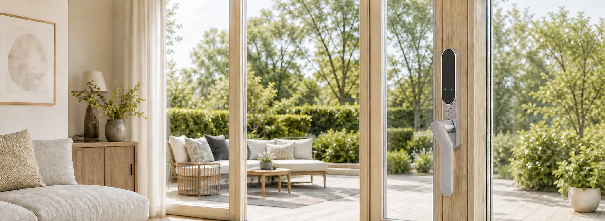 SecuYou Smart Lock monteret på en terrassedør i et lyst hjem med udsigt til haven.